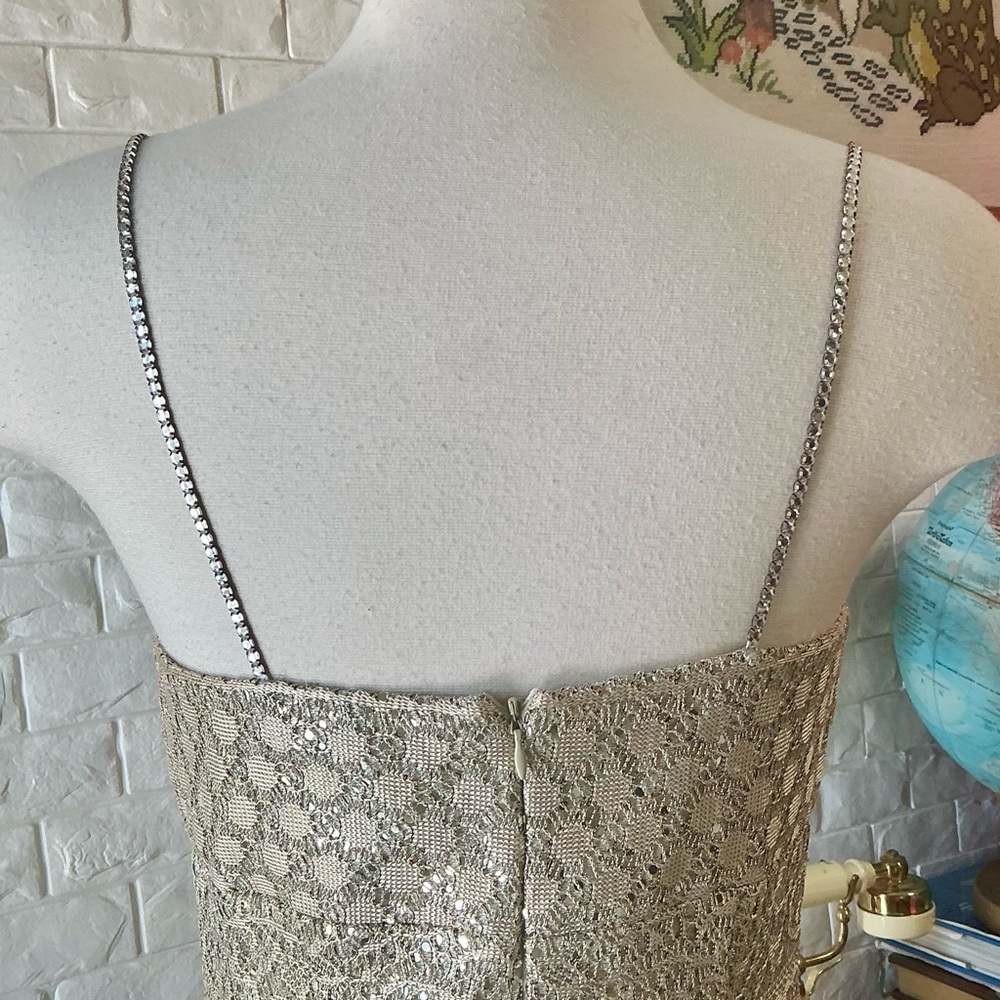 Vintage 90s Y2K Michelangelo Rhinestone Spaghetti Strap Gold Crochet Sequin Gown - Picture 11 of 14